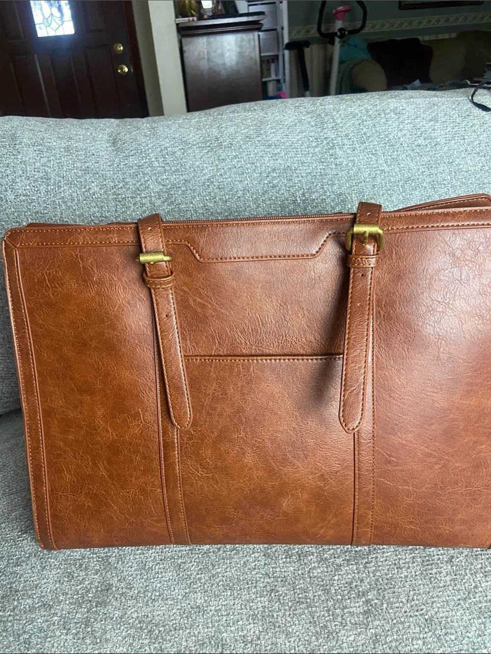 Leather-Textured Tan Tote with Tassel Accent for laptop work